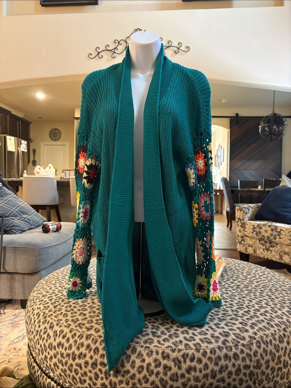 Open-Front Teal Cardigan with Multicolor Crochet Floral Sleeves